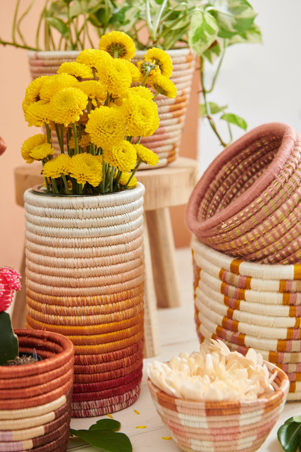 Handwoven Basket Vase Sunset Stripe