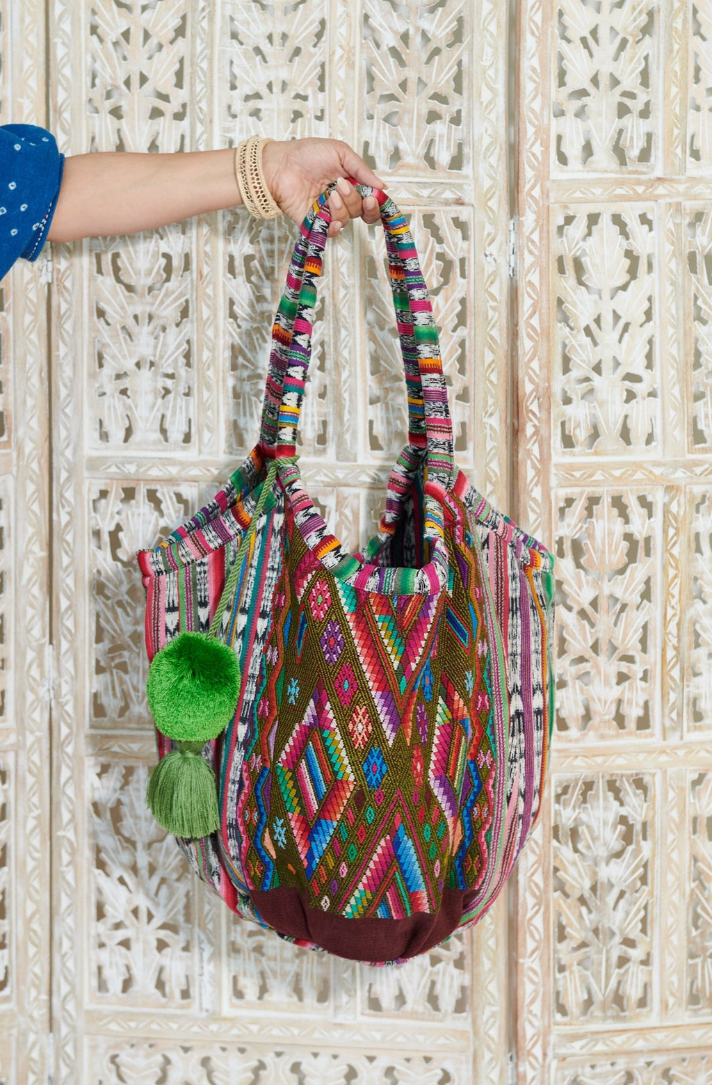 Colorful bohemian tote bag crafted from Guatemalan textiles