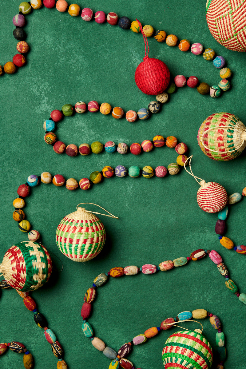 Handwoven Red & Green Jipi Palm Christmas Ornament