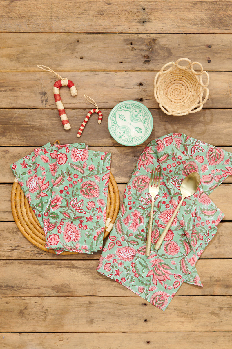 Block Print Cotton Napkin Mint Pink