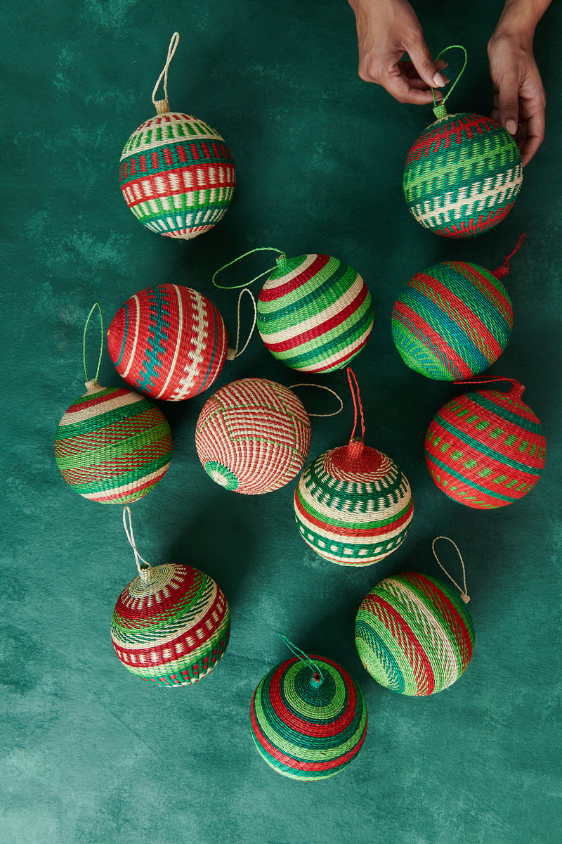 Handwoven Red & Green Jipi Palm Christmas Ornament