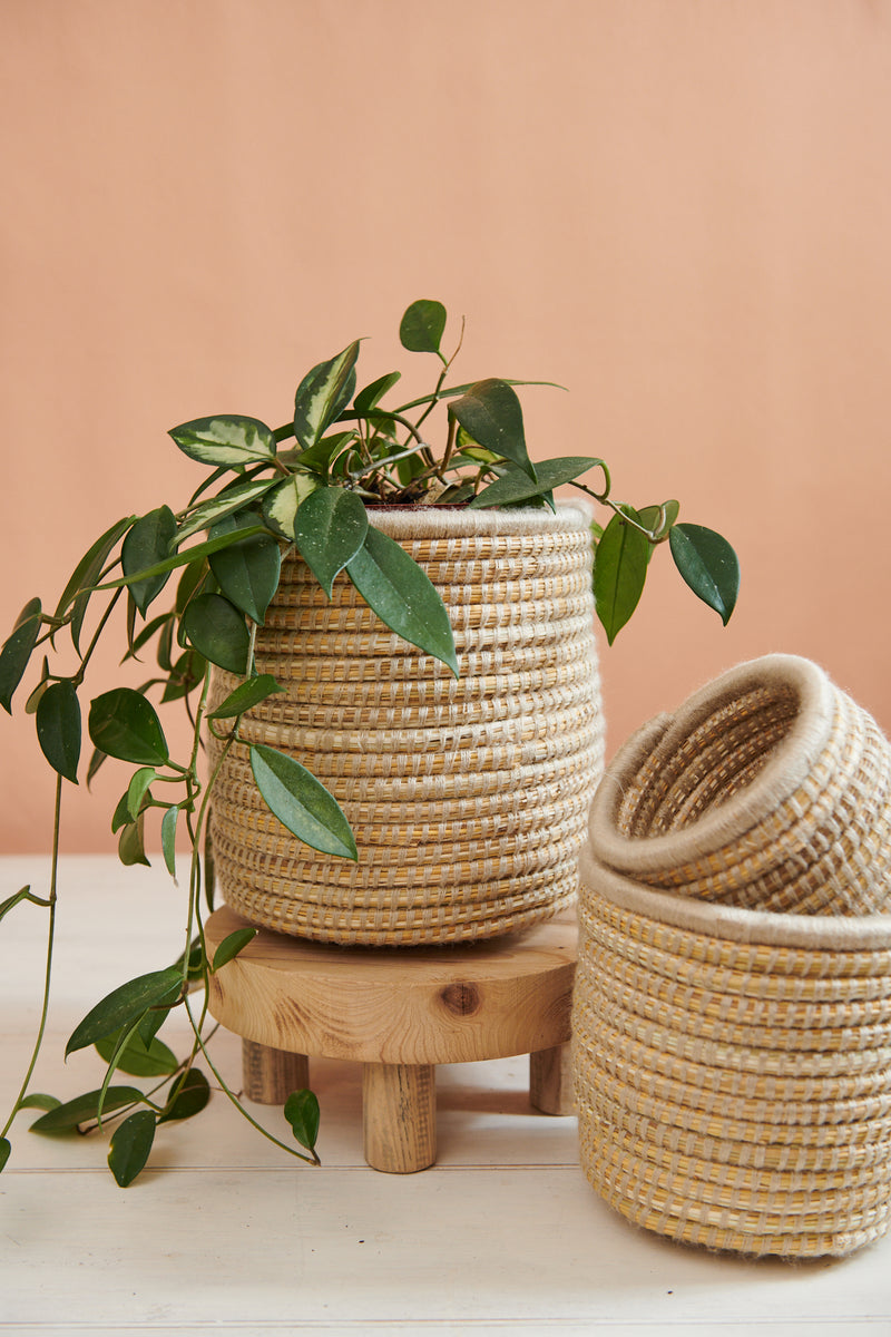 Handwoven Moroccan Planter Basket Palm Sand