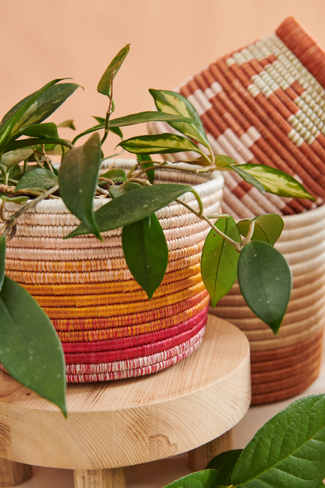 woven pot plant baskets Handwoven Planter Basket Sunset Stripe – Tribe