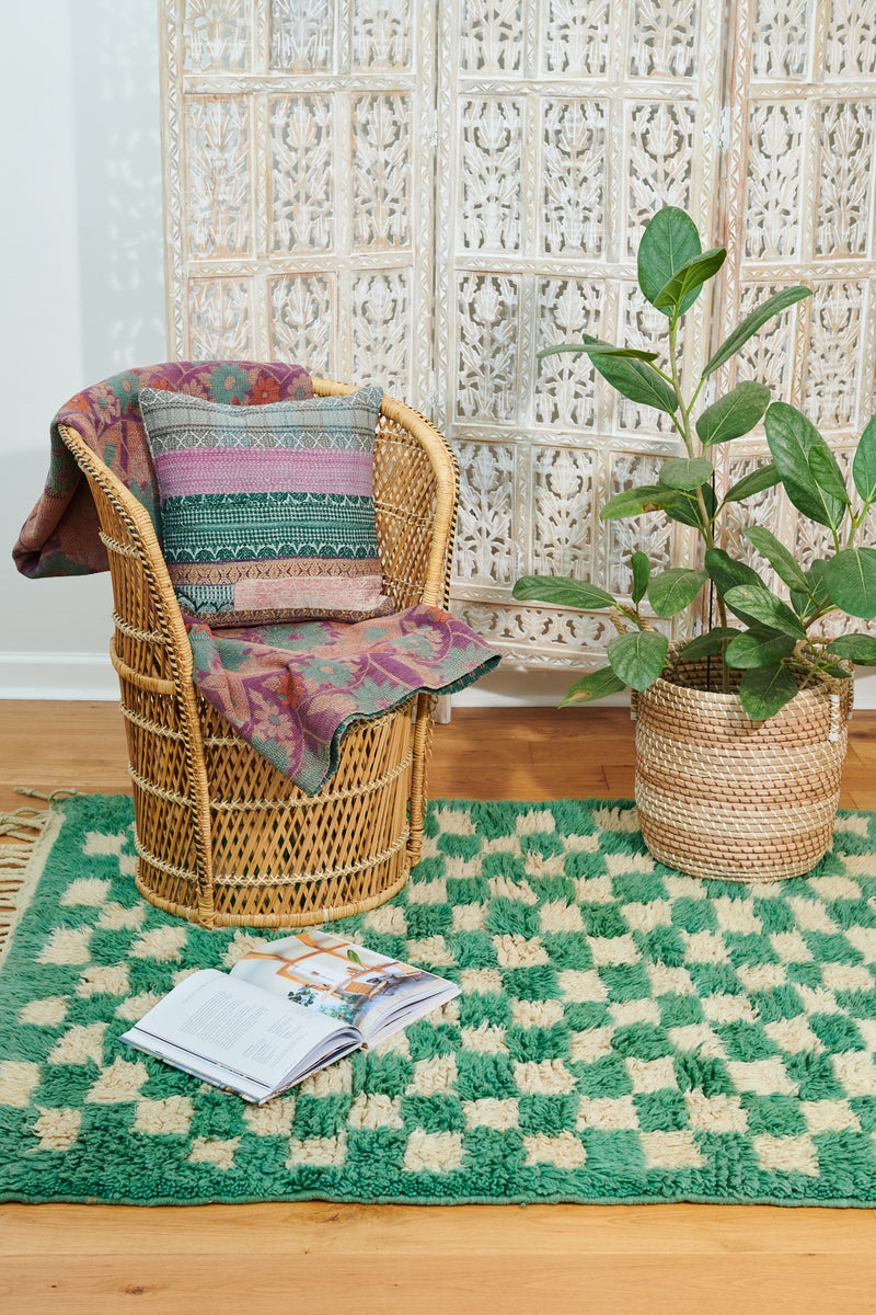 Moroccan Wool Shag Rug Checkered Green