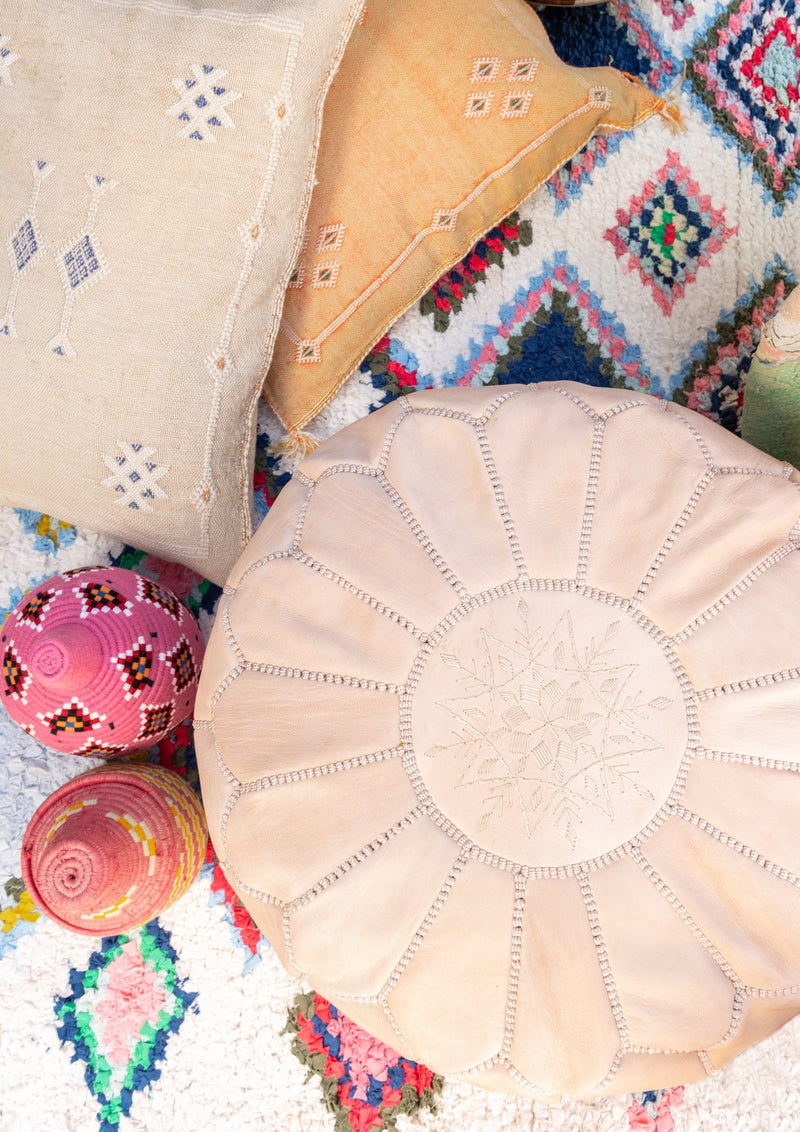 Moroccan Leather Pouf Cover Natural Blush