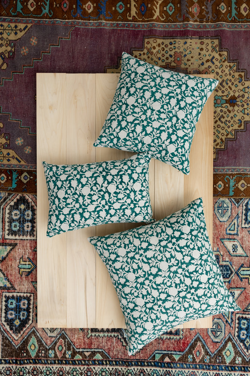 Hand Block Printed Linen Pillows Teal Garden