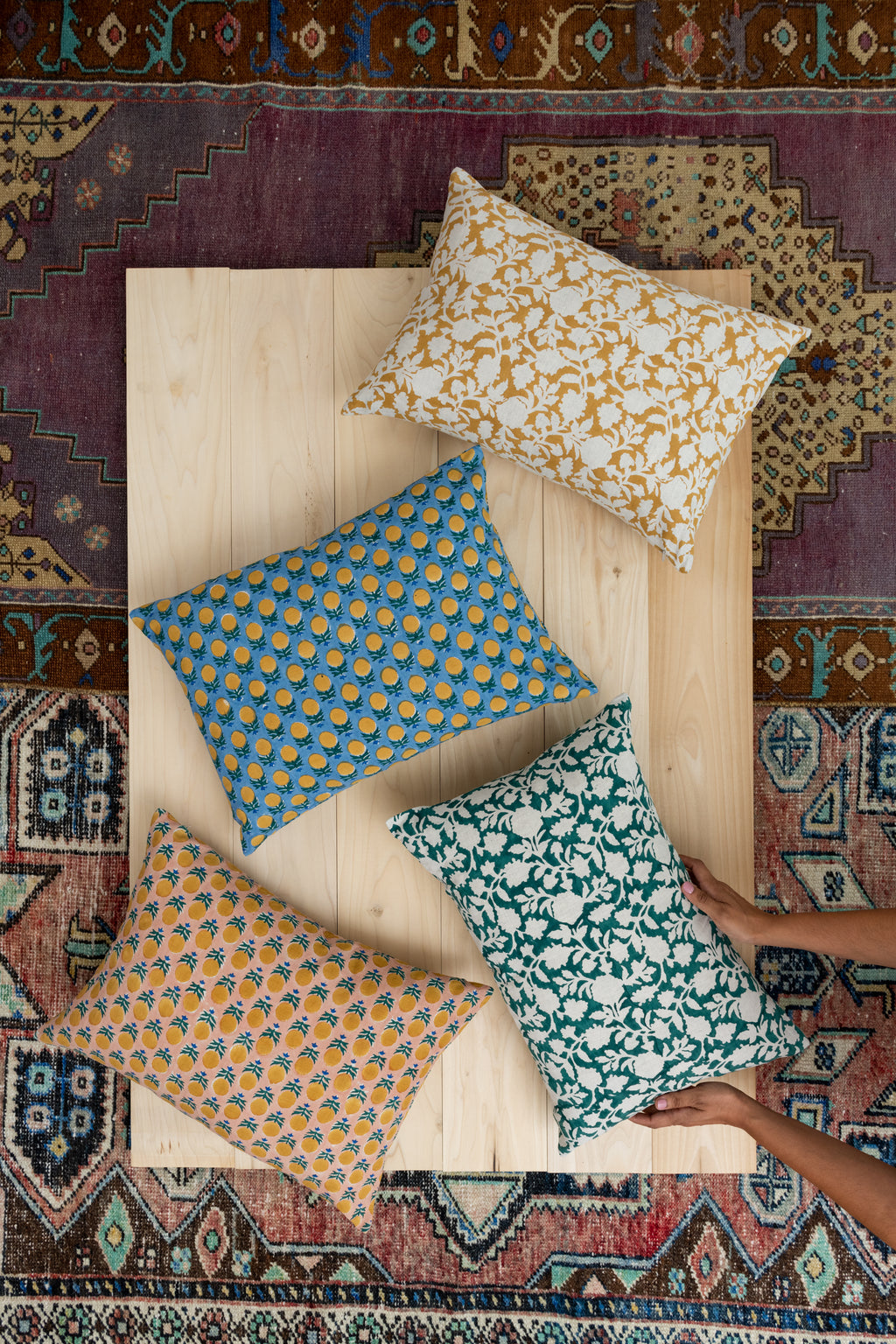 Hand Block Printed Linen Pillows Blue Marigold